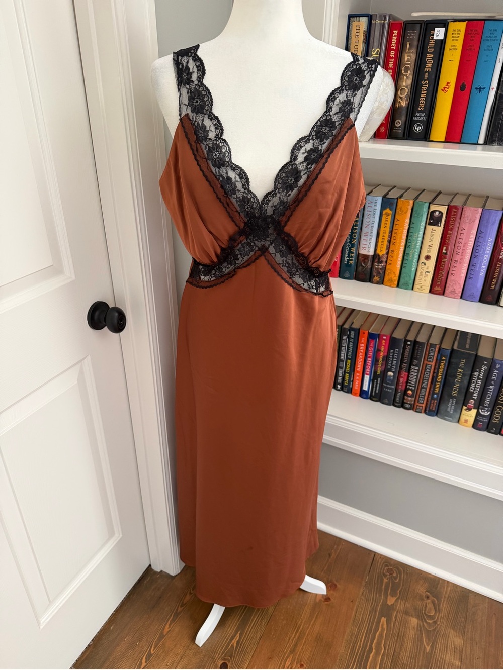 Abercrombie & Fitch Rust Satin Slip with Black Lace Trim